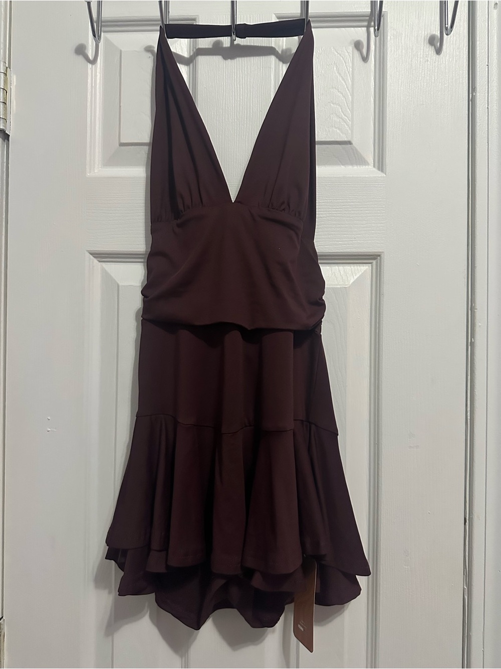 SHEIN Deep V Backless Tiered Dress in Dark Brown